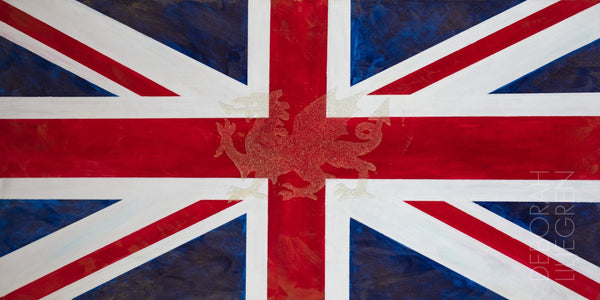 Mixed Media painting of a Union Jack flag with the Welsh dragon in glass.