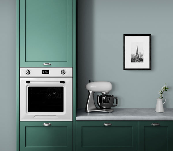 "Amidst a Changing Skyline" framed in a modern, but retro-styled kitchen.