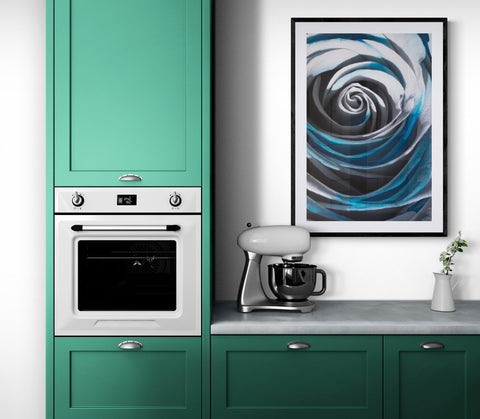 The Blue Rose, framed, in a retro-styled modern kitchen